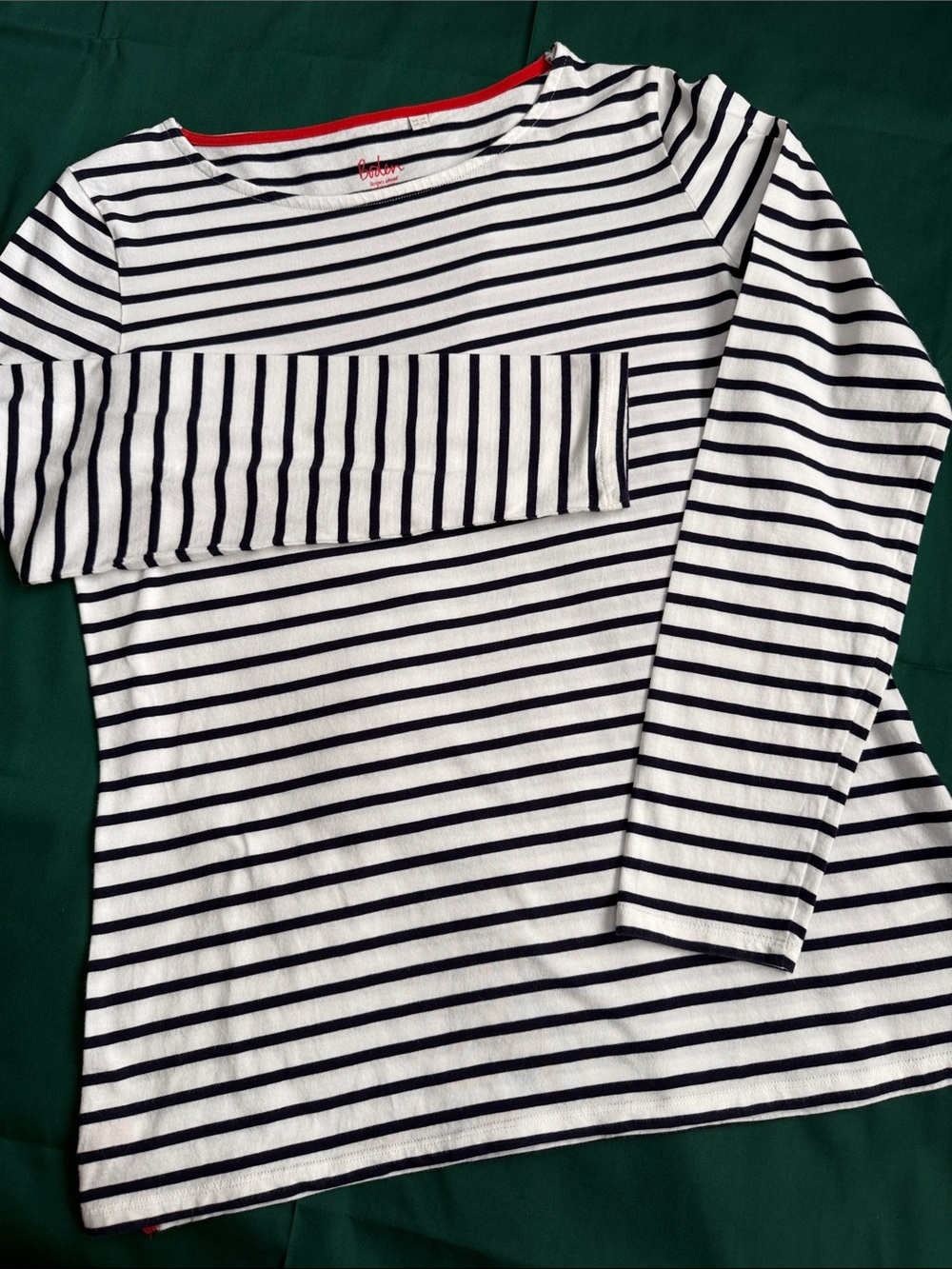 Boden Navy & White Striped Long Sleeve Tee with Red Trim